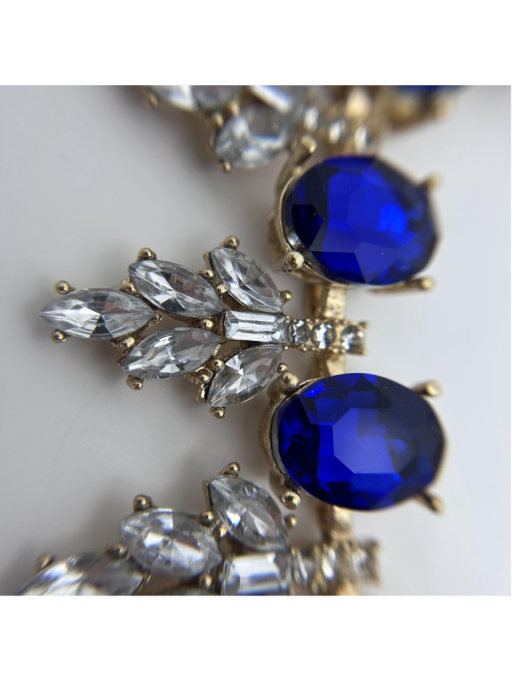 VTG Blue Rhinestone Statement Bib Necklace Gold Tone Crystal Prom Wedding Formal - Picture 8 of 12